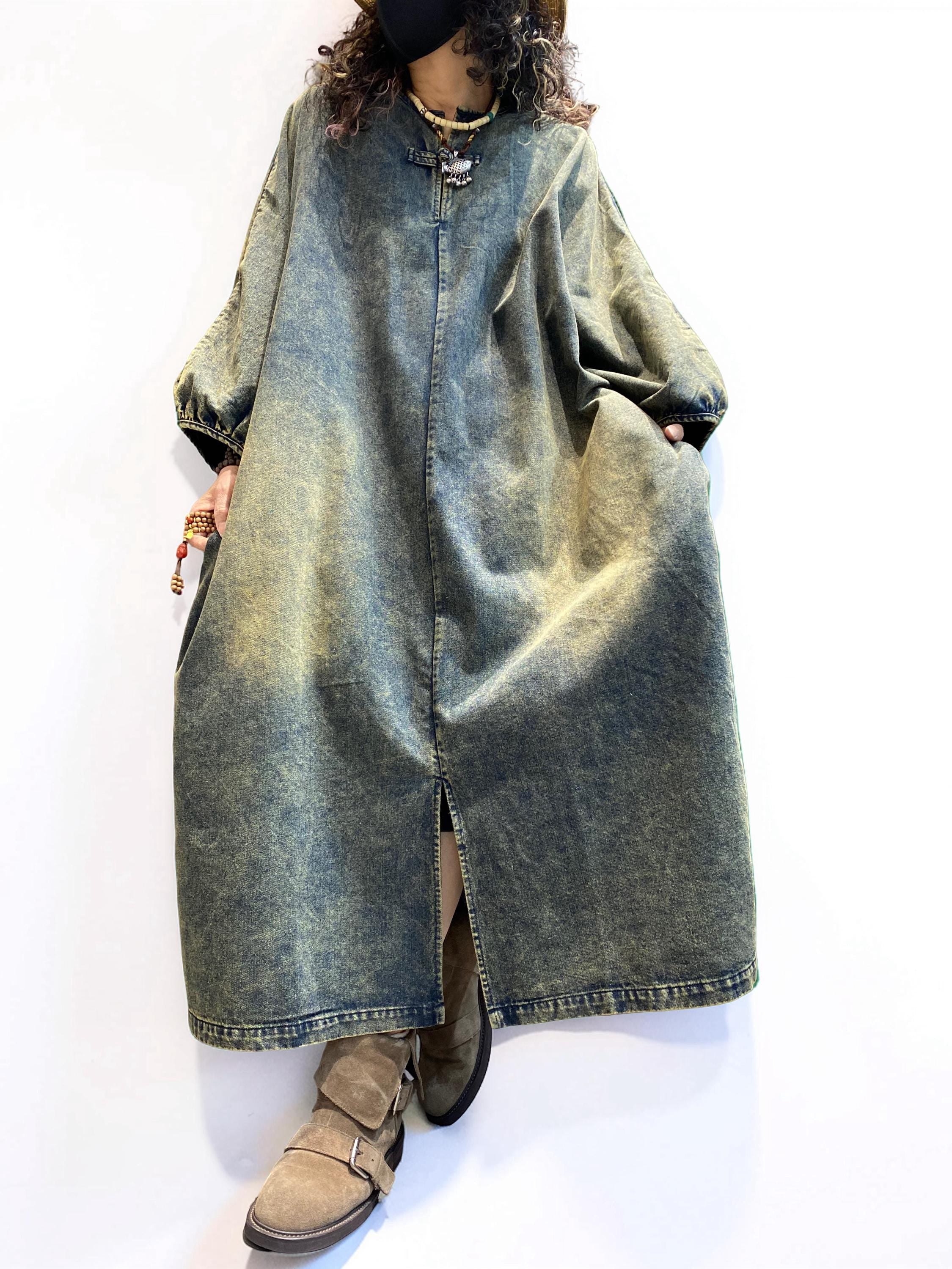 Vintage Washed Denim Maxi Dress | Oversized Cocoon Silhouette, Lantern Sleeves, Standing Collar