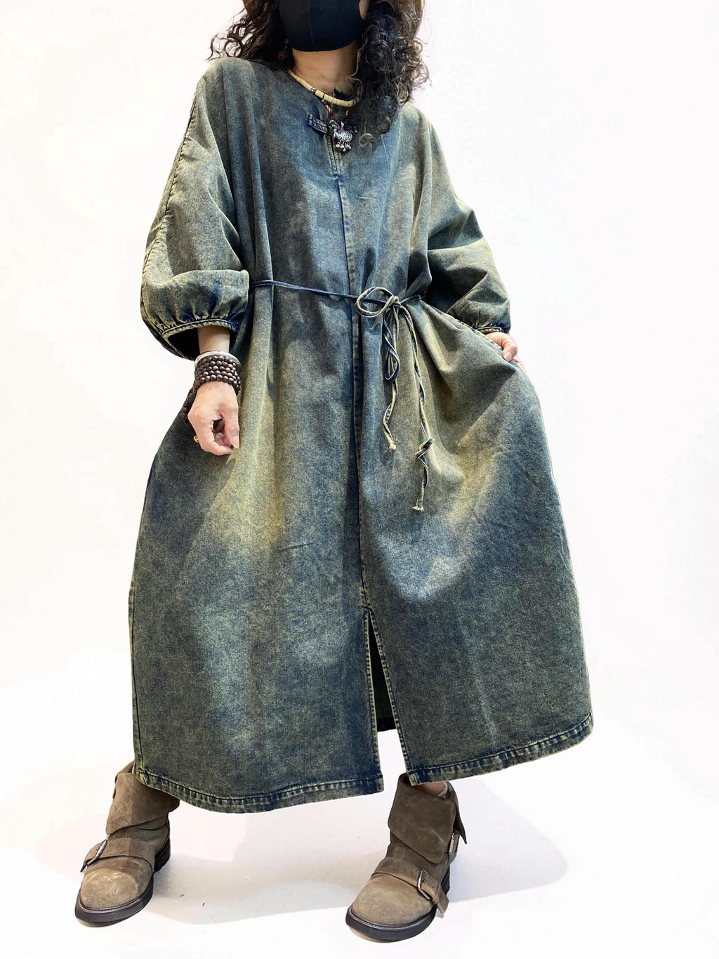 Vintage Washed Denim Maxi Dress | Oversized Cocoon Silhouette, Lantern Sleeves, Standing Collar
