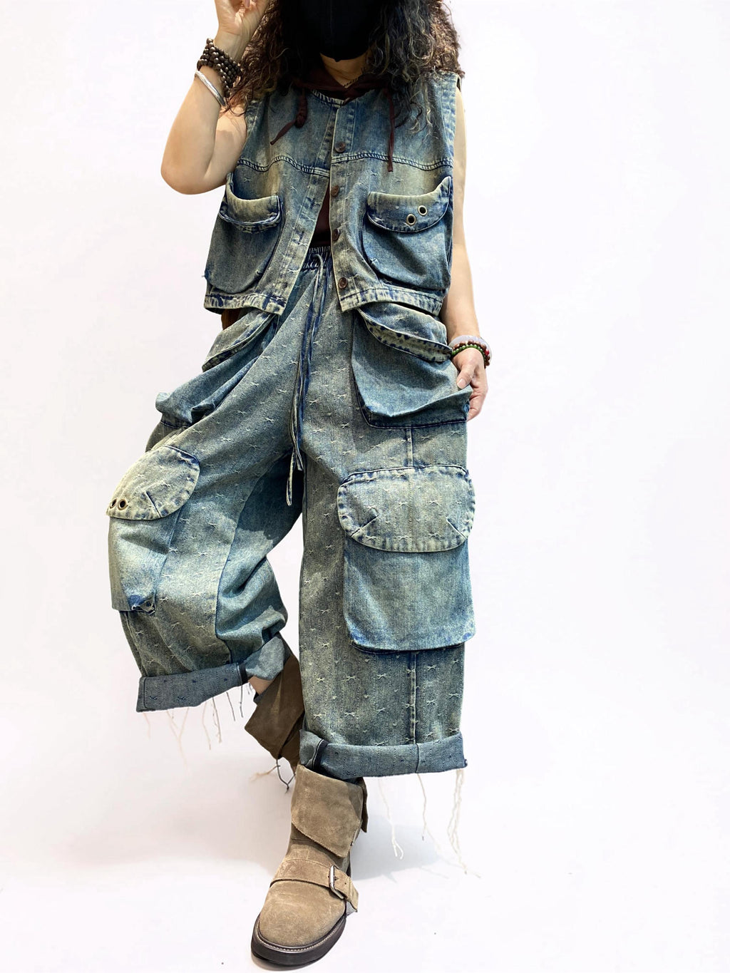 Washed Denim Utility Set | Oversized Cargo Balloon Pants, Cropped Vest