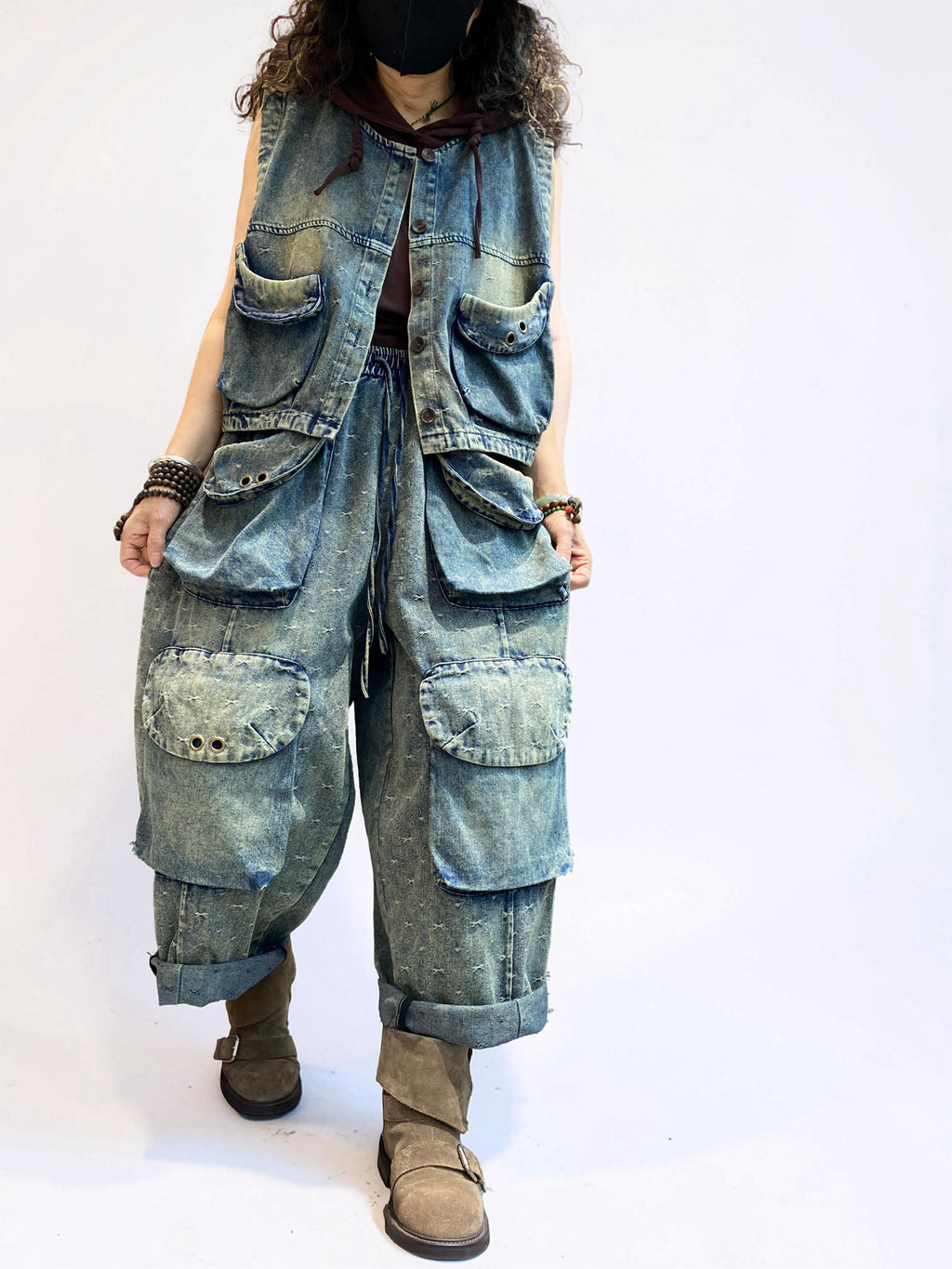 Washed Denim Utility Set | Oversized Cargo Balloon Pants, Cropped Vest