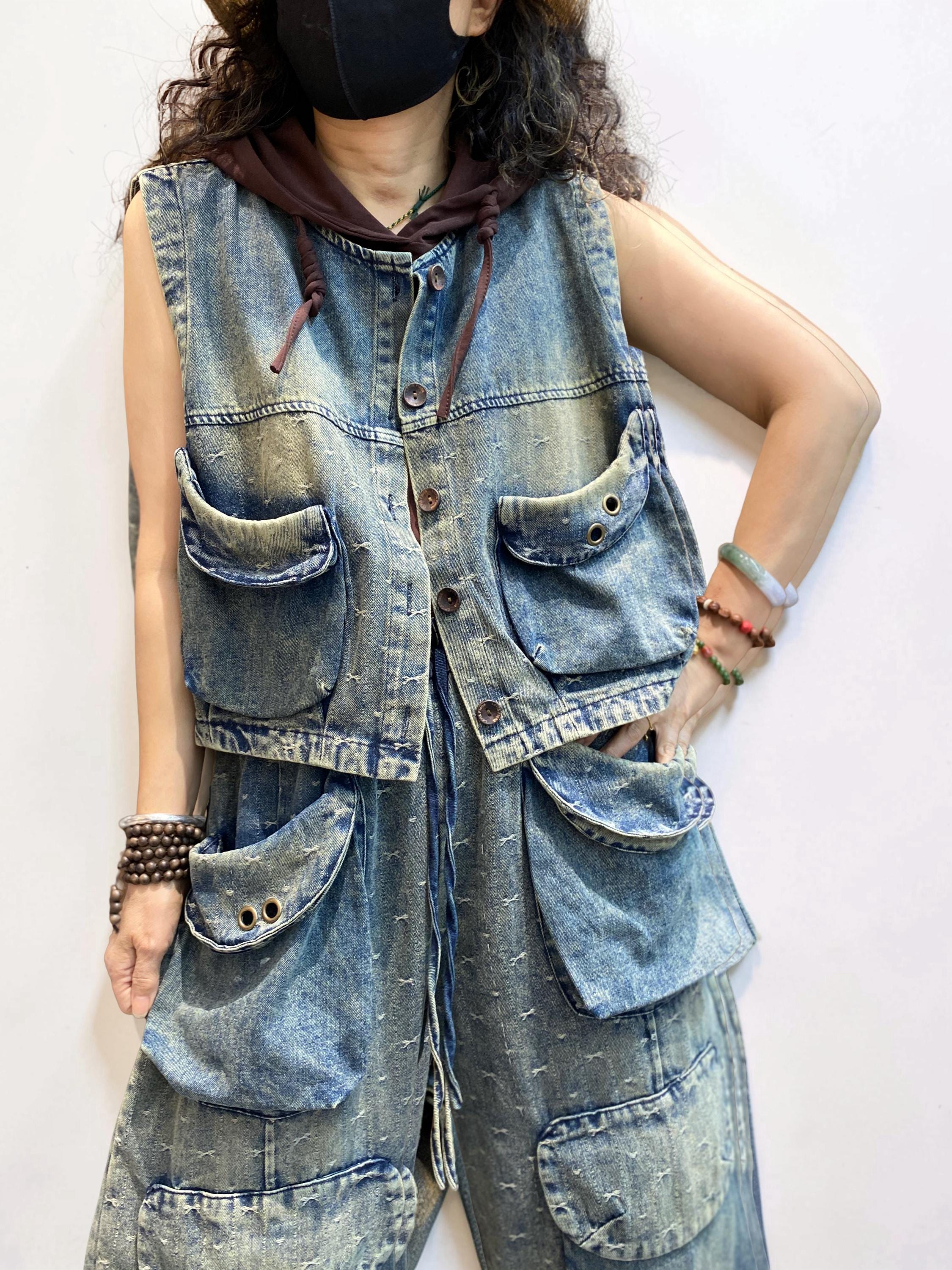 Washed Denim Utility Set | Oversized Cargo Balloon Pants, Cropped Vest