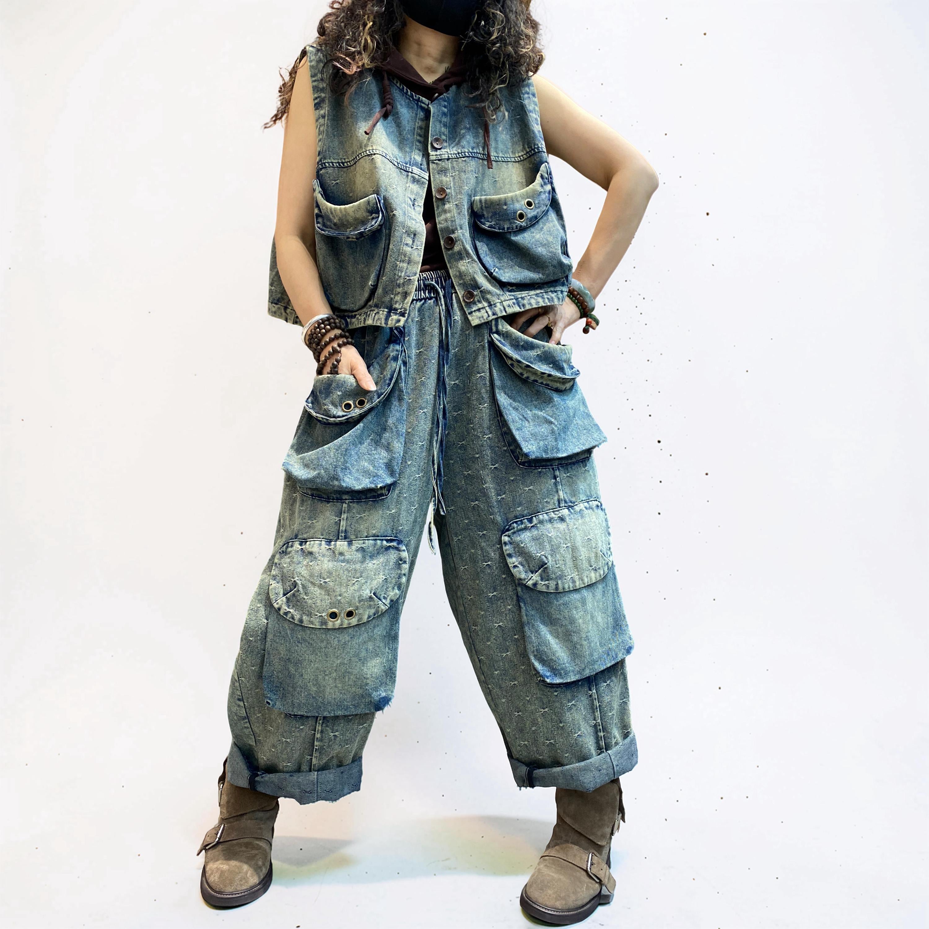 Washed Denim Utility Set | Oversized Cargo Balloon Pants, Cropped Vest