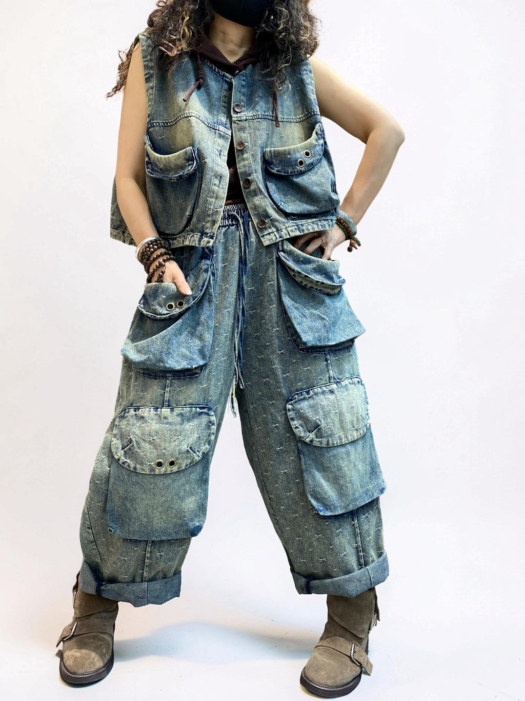 Washed Denim Utility Set | Oversized Cargo Balloon Pants, Cropped Vest