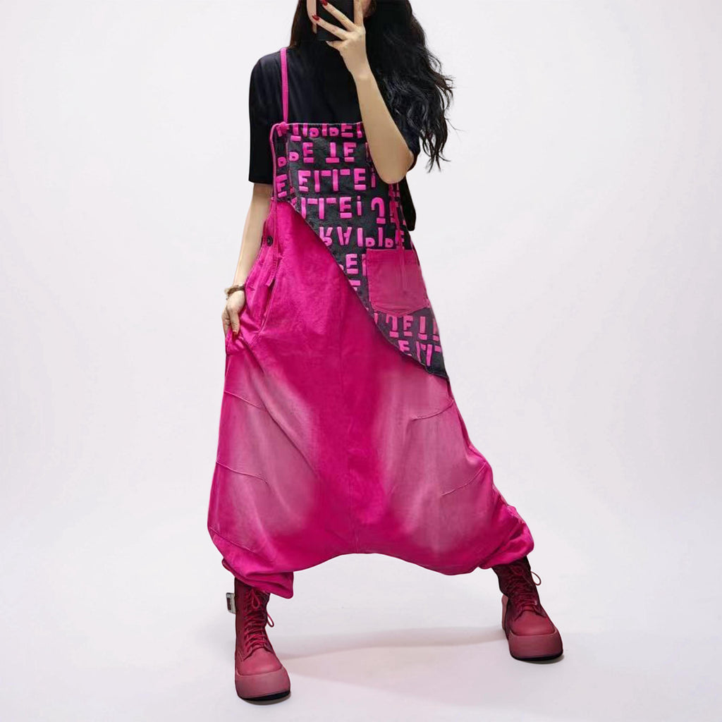 Patchwork Bib Harem Overalls – Pink & Blue, Unisex Streetwear