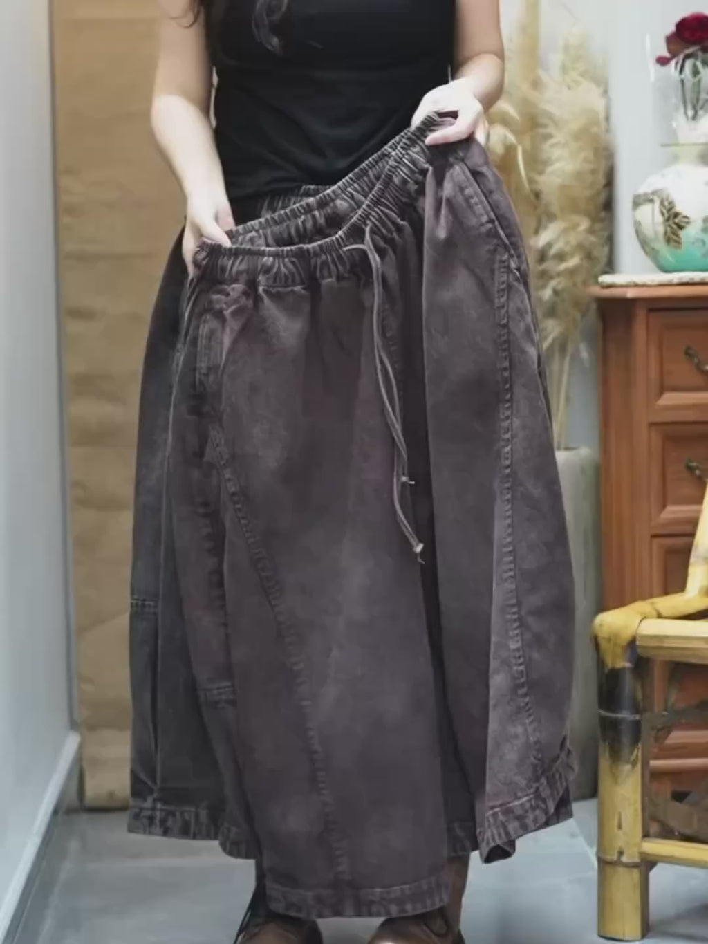 Vintage Washed Denim Hakama Pants, Oversized Wide Leg Hakama Trousers, Streetwear