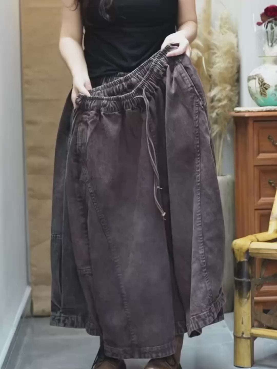Vintage Washed Denim Hakama Pants, Oversized Wide Leg Hakama Trousers, Streetwear