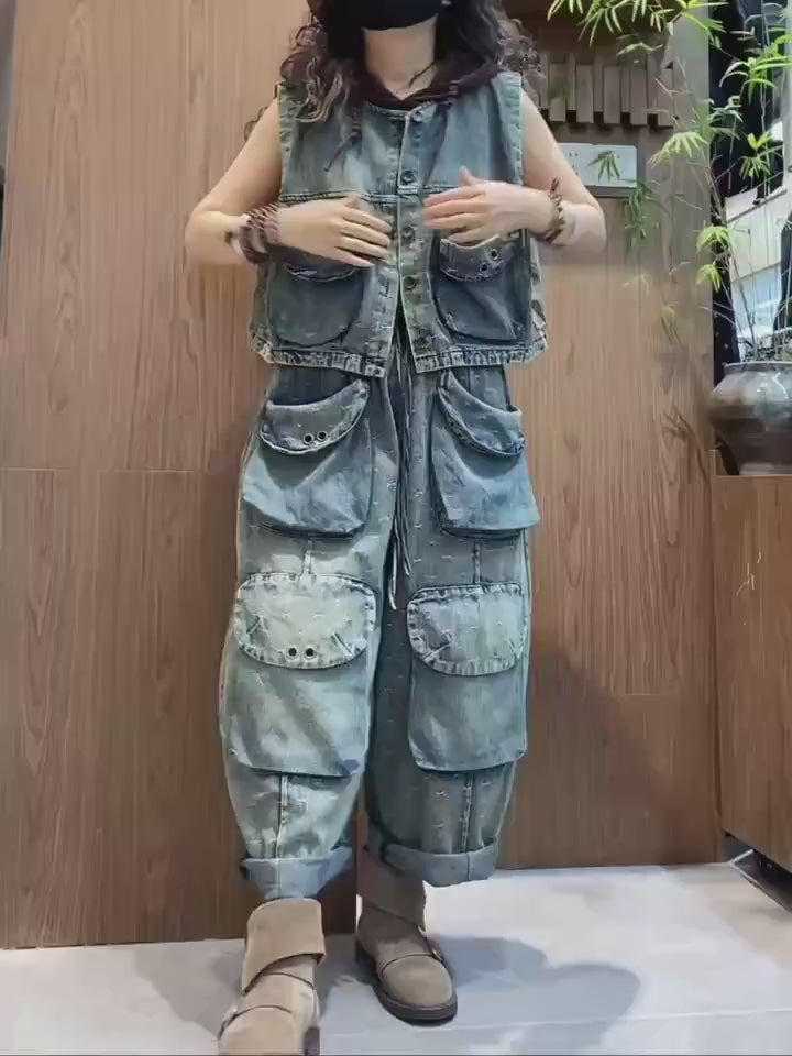 Washed Denim Utility Set | Oversized Cargo Balloon Pants, Cropped Vest