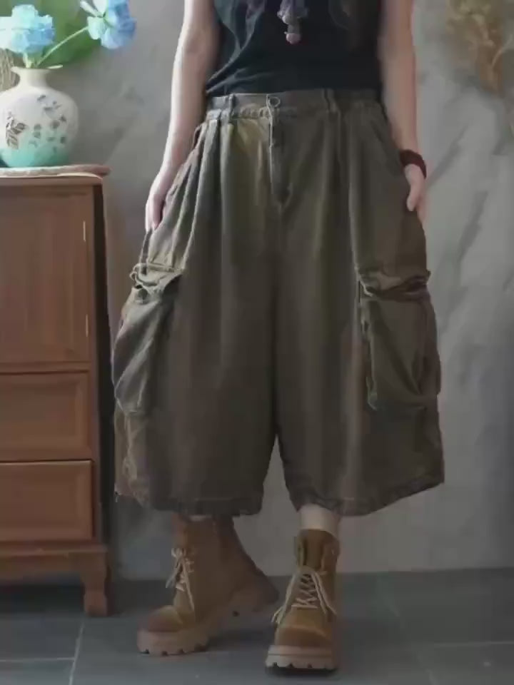 Vintage Washed Cropped Cargo Harem Pants -Unisex Mid-Calf Wide Leg Utility Pants, Drop Crotch