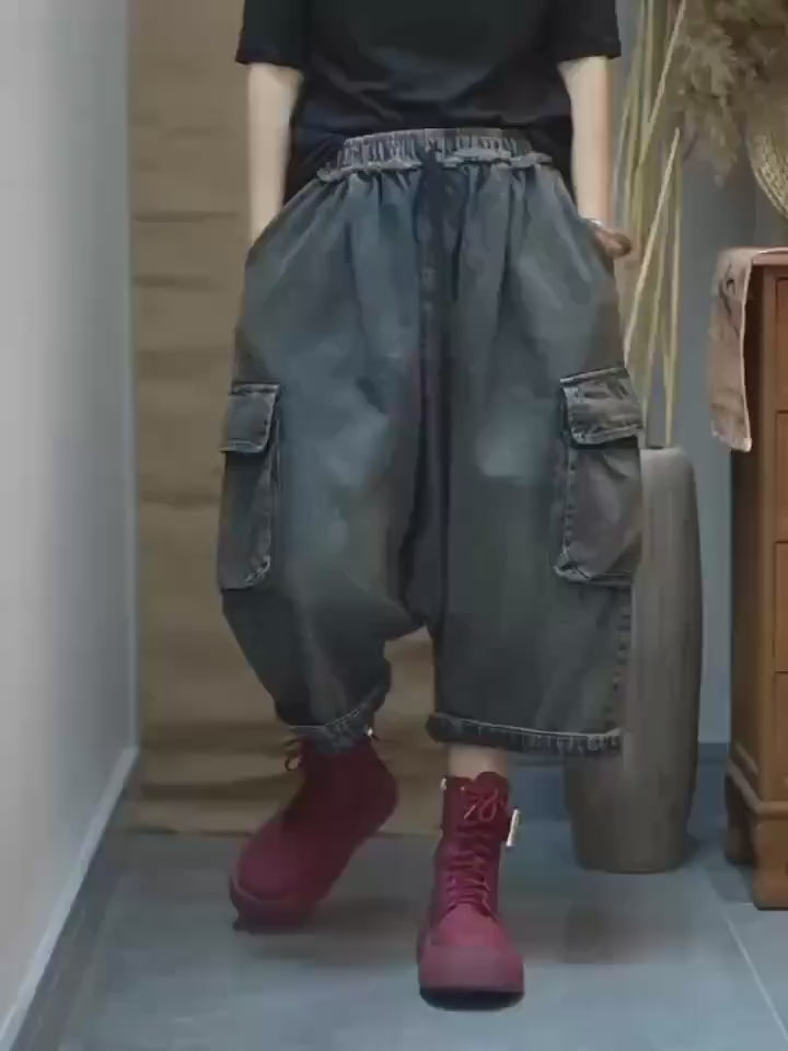 Vintage Washed Cargo Harem Pants- Unisex Loose Denim Streetwear, Baggy Jeans, Boho Drop Crotch
